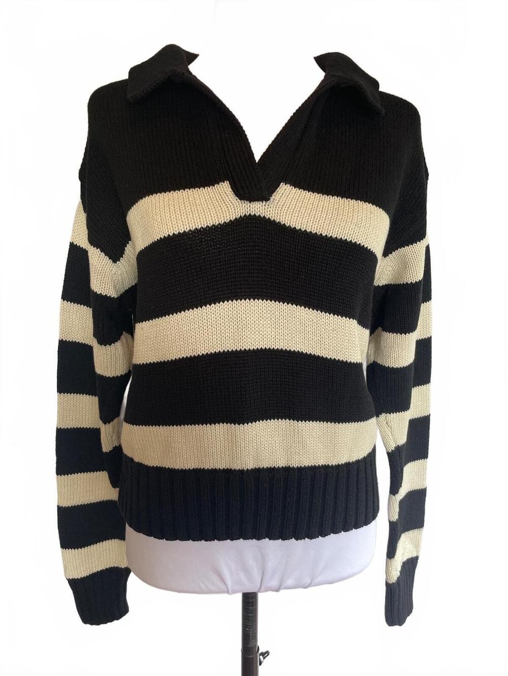 Gap Black Cream Striped Shrunken Polo Sweater Small Cotton Collared Preppy